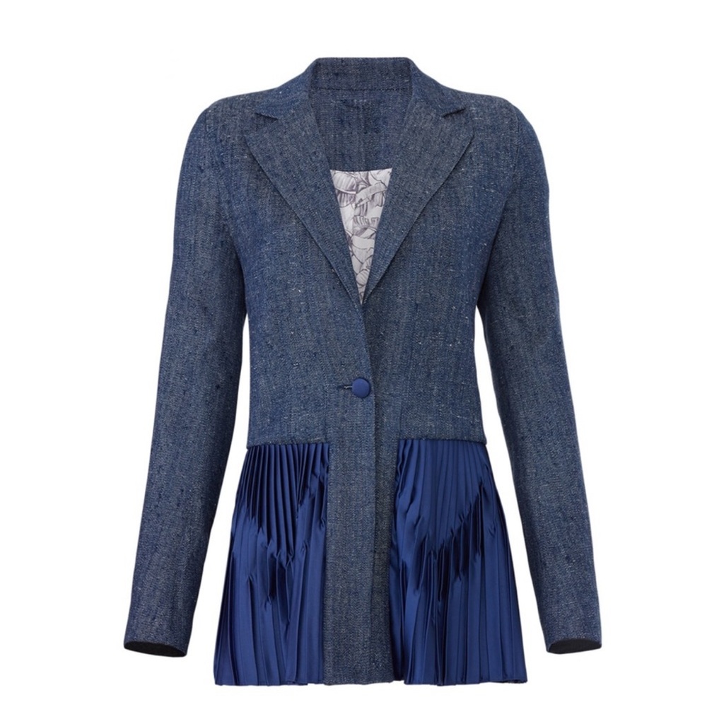Deborah Lyons Pleated Kaya blazer with ruffle on bottom in satin DENIM S…